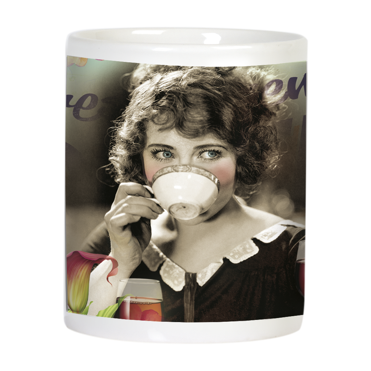 Side view of the funny ceramic mug, displaying a vintage-style image of a woman sipping from a teacup, hinting at the mug's playful and versatile beverage theme, with wine elements in the background.