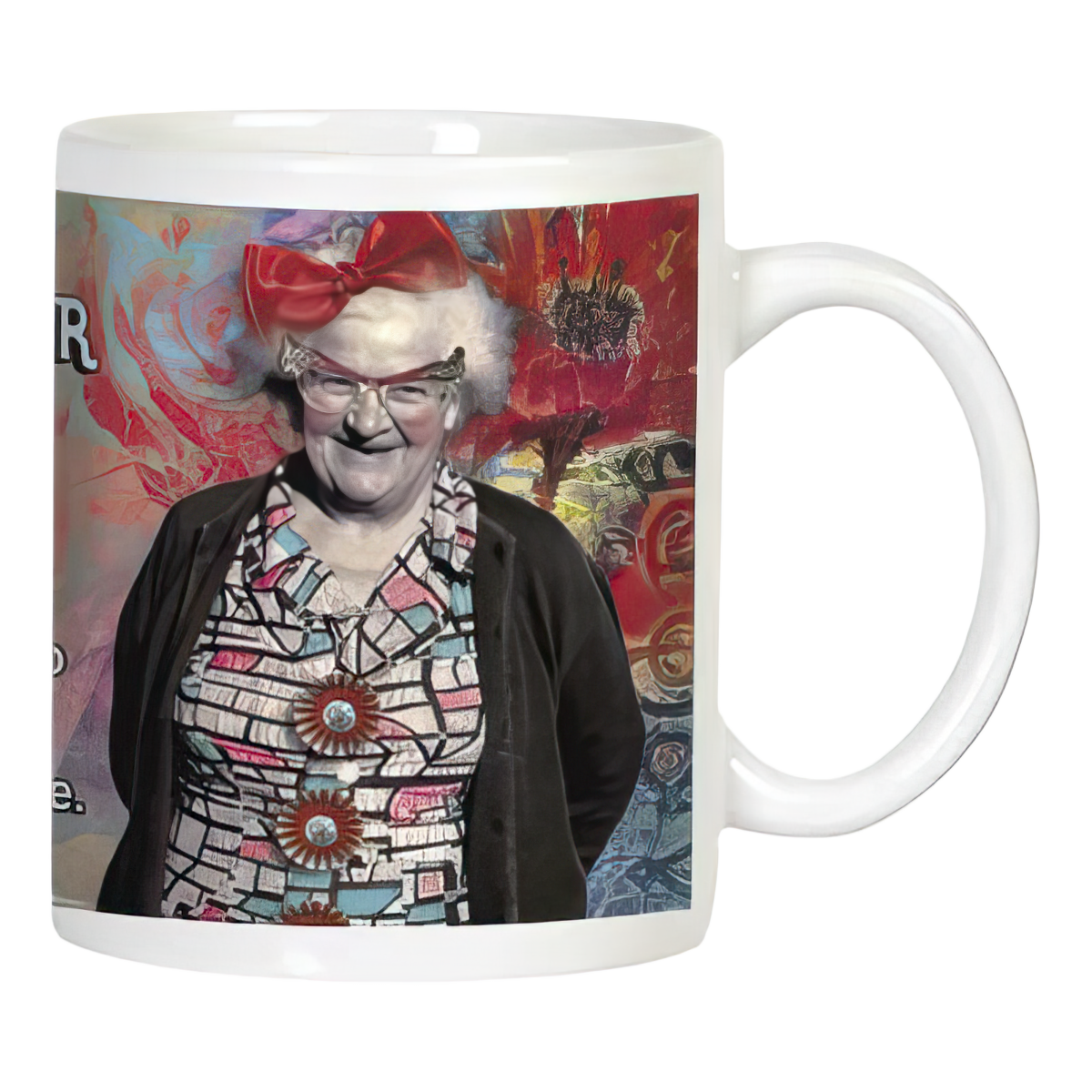 Funny white ceramic mug with an illustration of a smiling senior woman wearing glasses and a red bow, featuring 'THE SENILITY PRAYER' partially visible, perfect for grandparent humor.