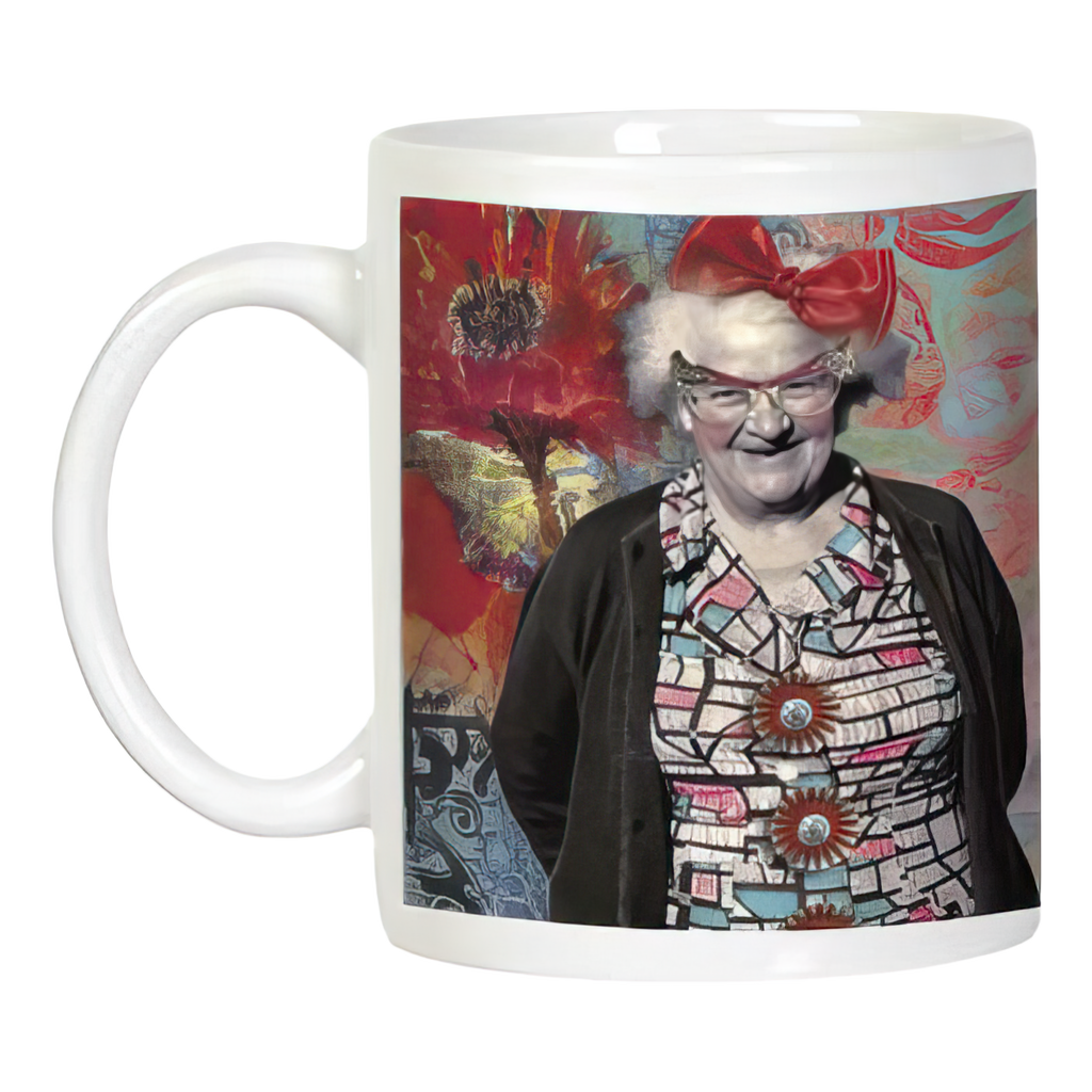Cheerful white coffee mug with a vibrant illustration of an older woman in a red bow and glasses, set against an artistic floral backdrop, capturing the essence of the senility prayer joke.