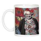 Cheerful white coffee mug with a vibrant illustration of an older woman in a red bow and glasses, set against an artistic floral backdrop, capturing the essence of the senility prayer joke.