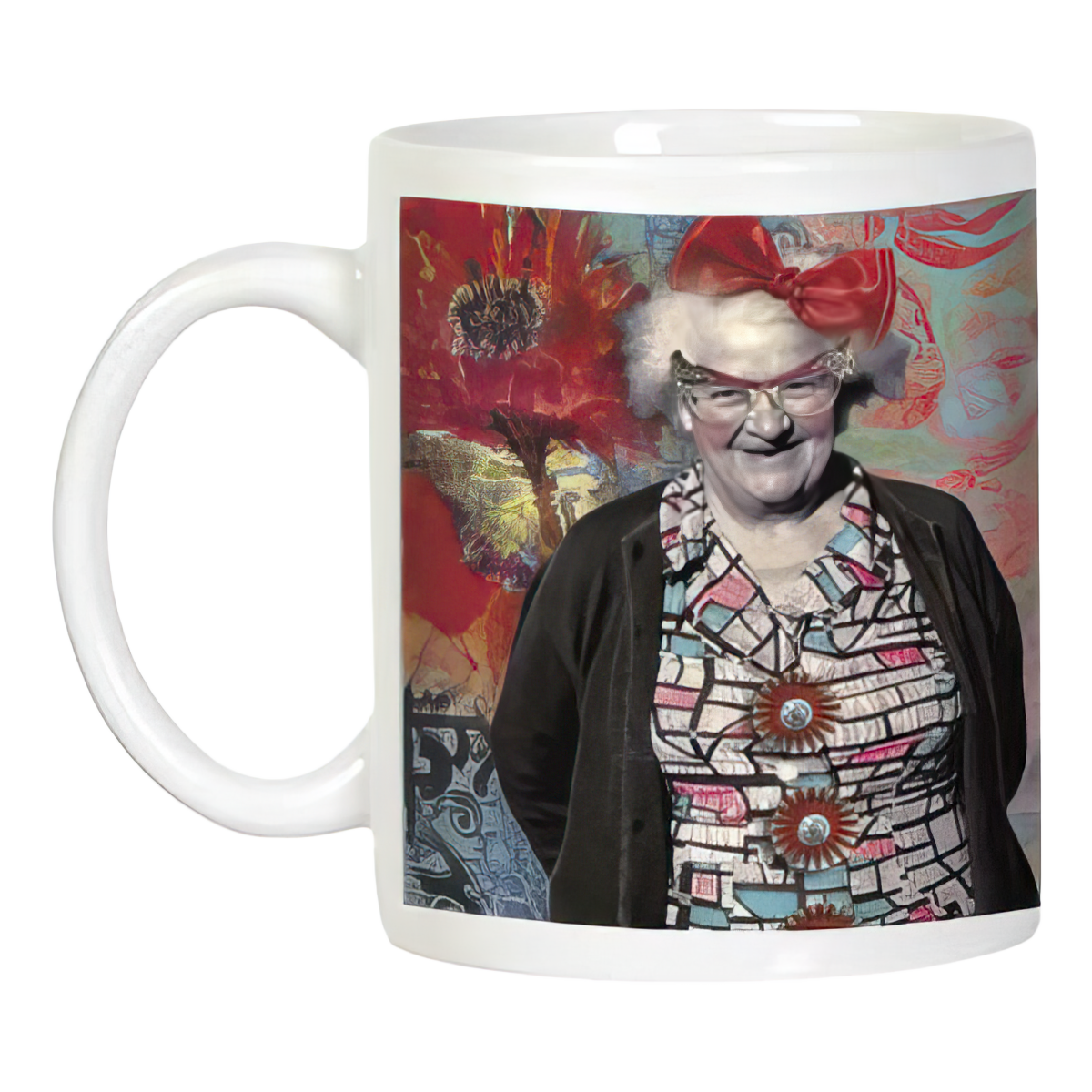 Cheerful white coffee mug with a vibrant illustration of an older woman in a red bow and glasses, set against an artistic floral backdrop, capturing the essence of the senility prayer joke.