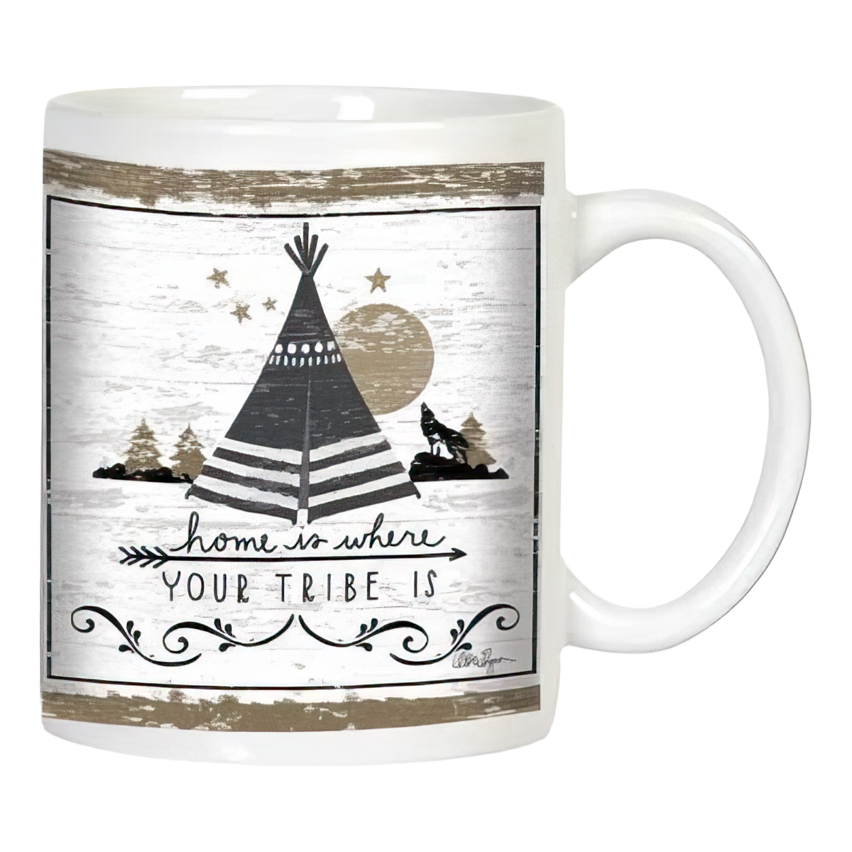 White ceramic coffee mug with rustic wood grain background featuring a black silhouette design of a teepee, pine trees, wolf howling at a moon, and stars. The text 'home is where YOUR TRIBE IS' with an arrow is prominently displayed.