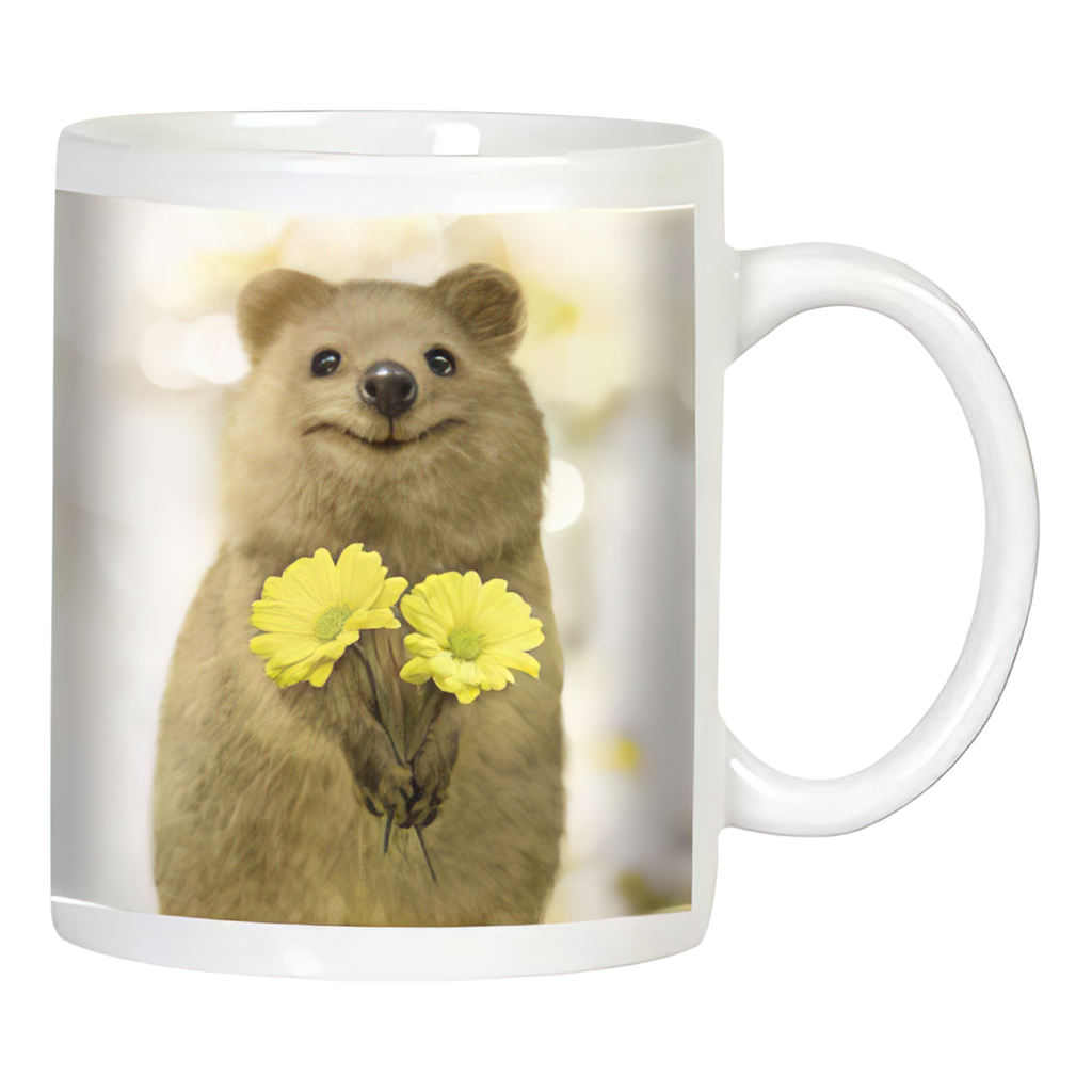 White ceramic coffee mug featuring a smiling quokka holding two cheerful yellow daisy-like flowers on a bright, blurry background.