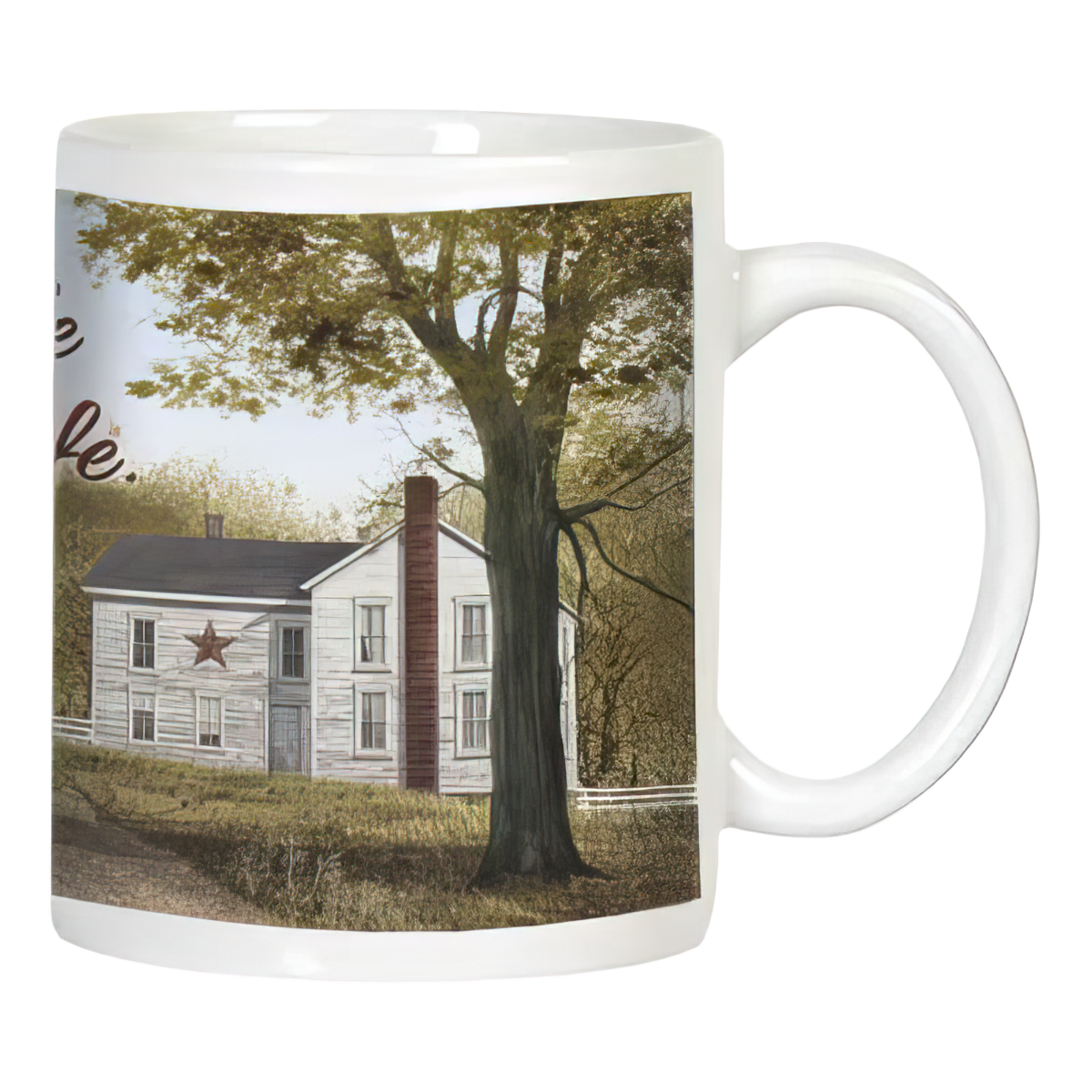 White ceramic mug featuring a rustic white farmhouse with a large, leafy tree in the foreground and a red star on the house, evoking a serene country scene.