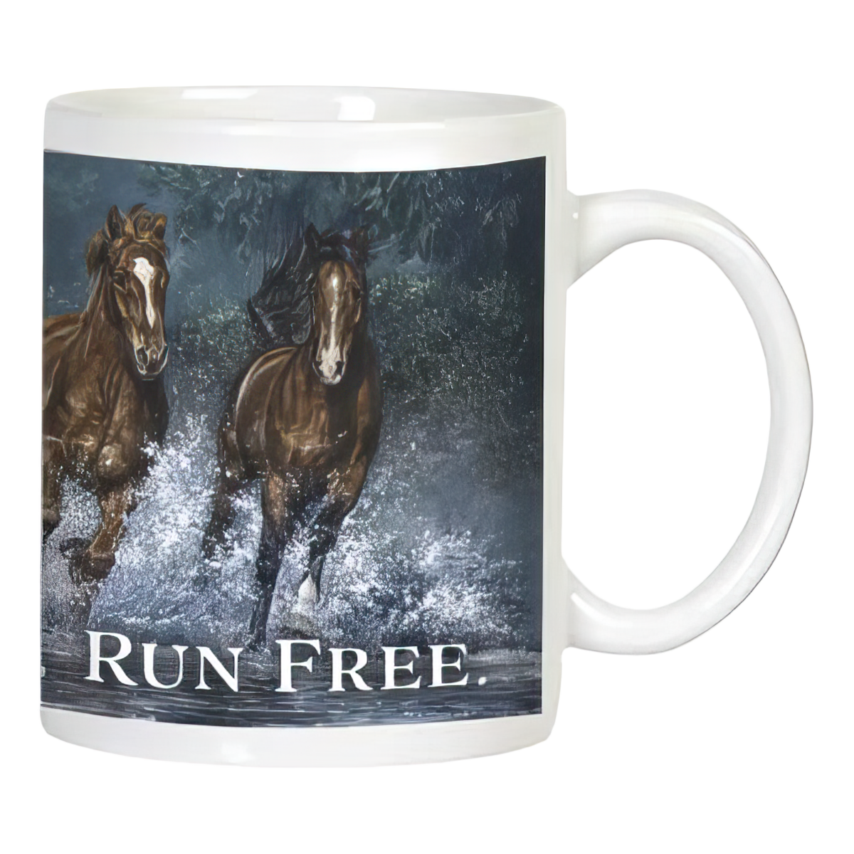 White ceramic mug featuring two majestic brown horses with white blazes, splashing through water, with the bold text 'RUN FREE.' on the front. Perfect for horse enthusiasts and inspiring daily moments.