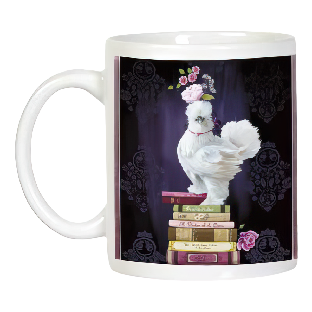 White handled coffee mug showcasing a fluffy white Silkie chicken with a flower crown perched on vintage books, against a dark purple damask-like background, with the mug handle visible on the right.