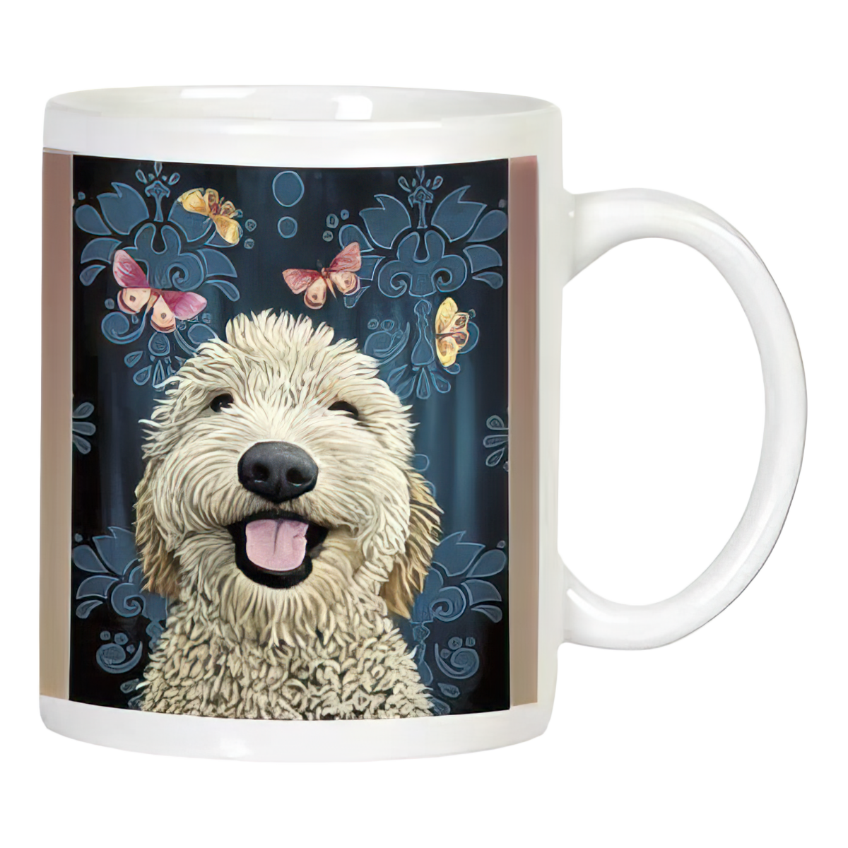 White ceramic mug featuring a happy golden doodle dog surrounded by colorful butterflies on a dark blue floral background.