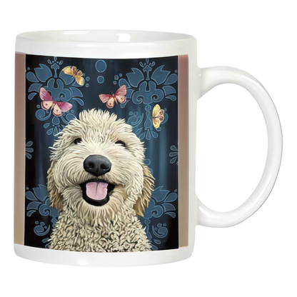 White ceramic mug featuring a happy golden doodle dog surrounded by colorful butterflies on a dark blue floral background.