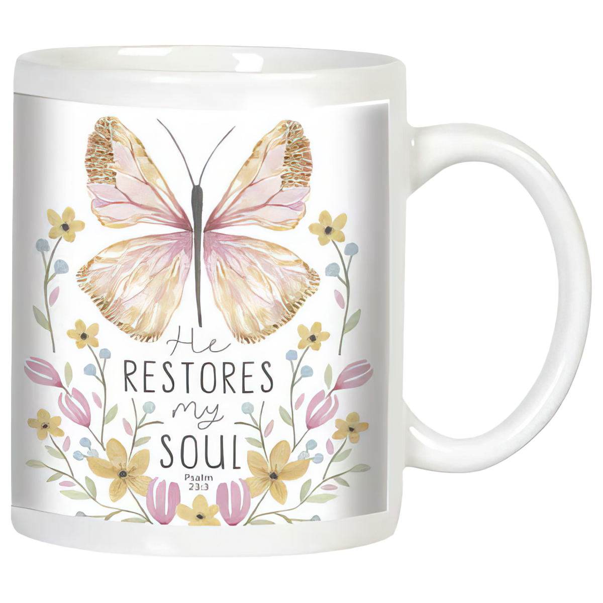 White ceramic coffee mug with watercolor butterfly and floral design. Features inspirational quote 'He RESTORES my SOUL Psalm 23:3' in elegant typography, perfect for spiritual comfort.