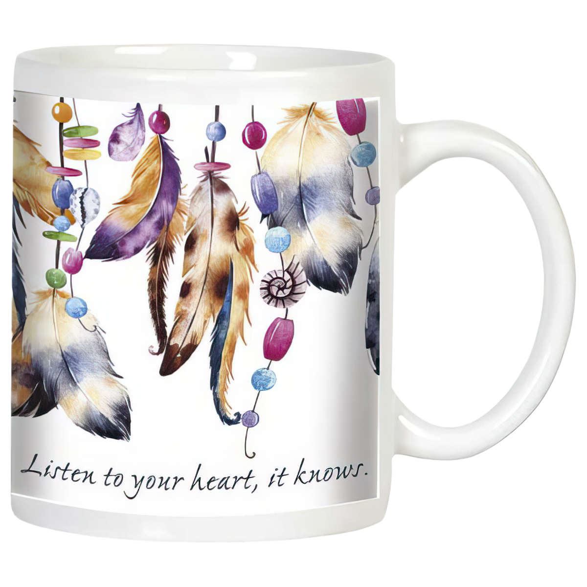 White ceramic mug with bohemian feather and beaded dreamcatcher design, featuring the quote 'Listen to your heart, it knows.' Ideal for coffee or tea.
