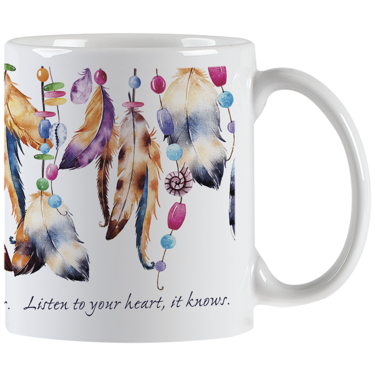 Close-up of a white ceramic mug, showing the right side with a handle. The mug features a vibrant design of hanging feathers in various earthy and pastel colors, interspersed with colorful beads. Part of the quote 'Listen to your heart, it knows.' is visible in elegant script below the design.
