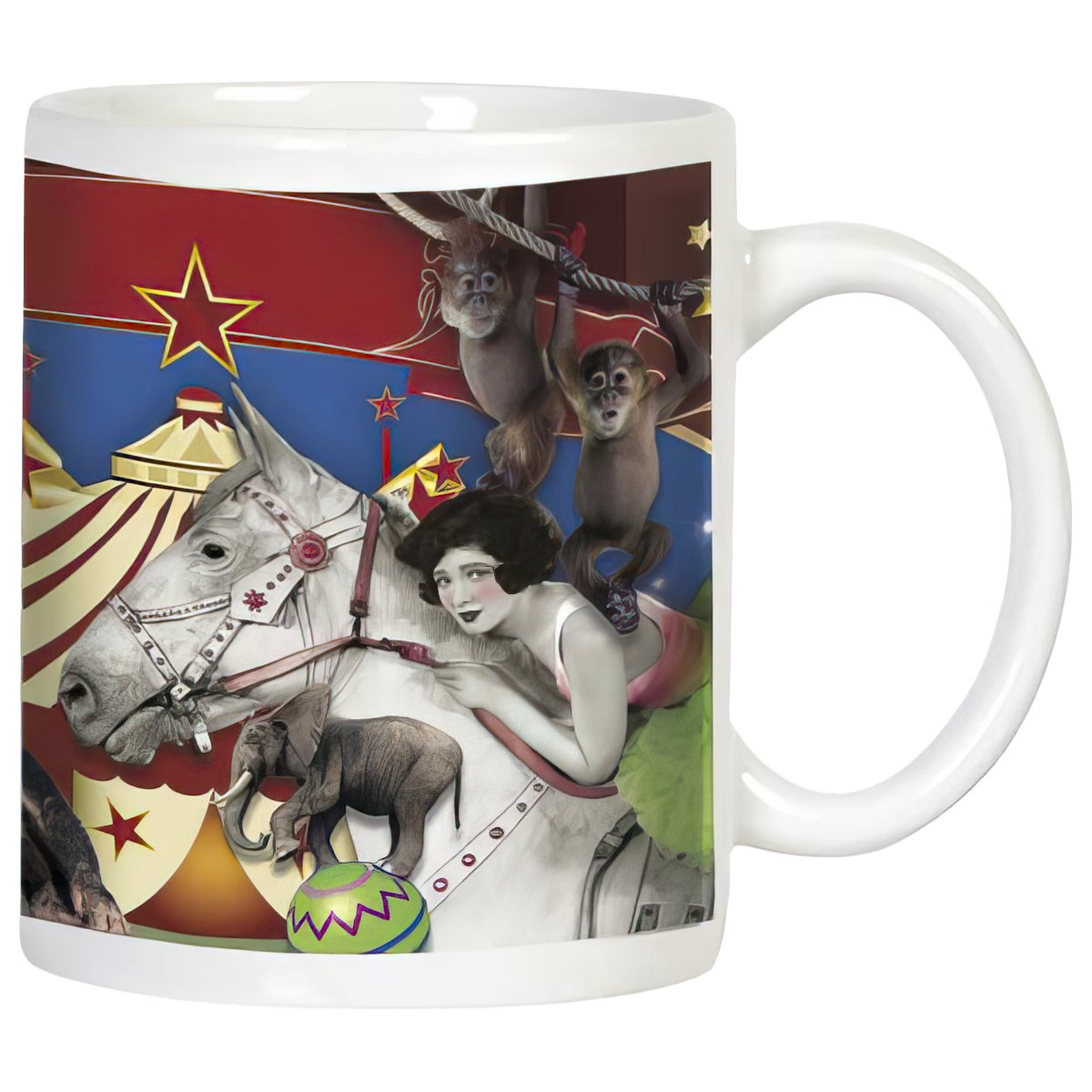 White ceramic mug featuring a vintage circus scene with a woman in a pink top riding a white horse, two monkeys swinging from ropes, and a small elephant. Background shows a red, blue, and gold circus tent.