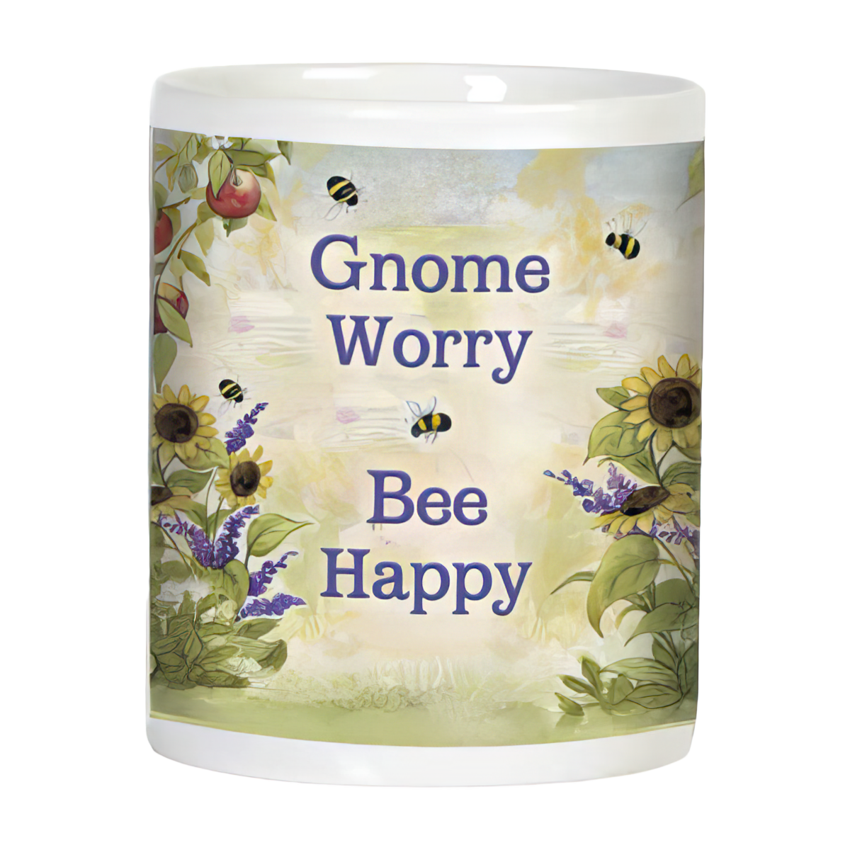 White ceramic coffee mug featuring the encouraging text 'Gnome Worry Bee Happy' in purple script, with three flying bees and vibrant sunflowers and apple tree branches on a light, watercolor-style background.