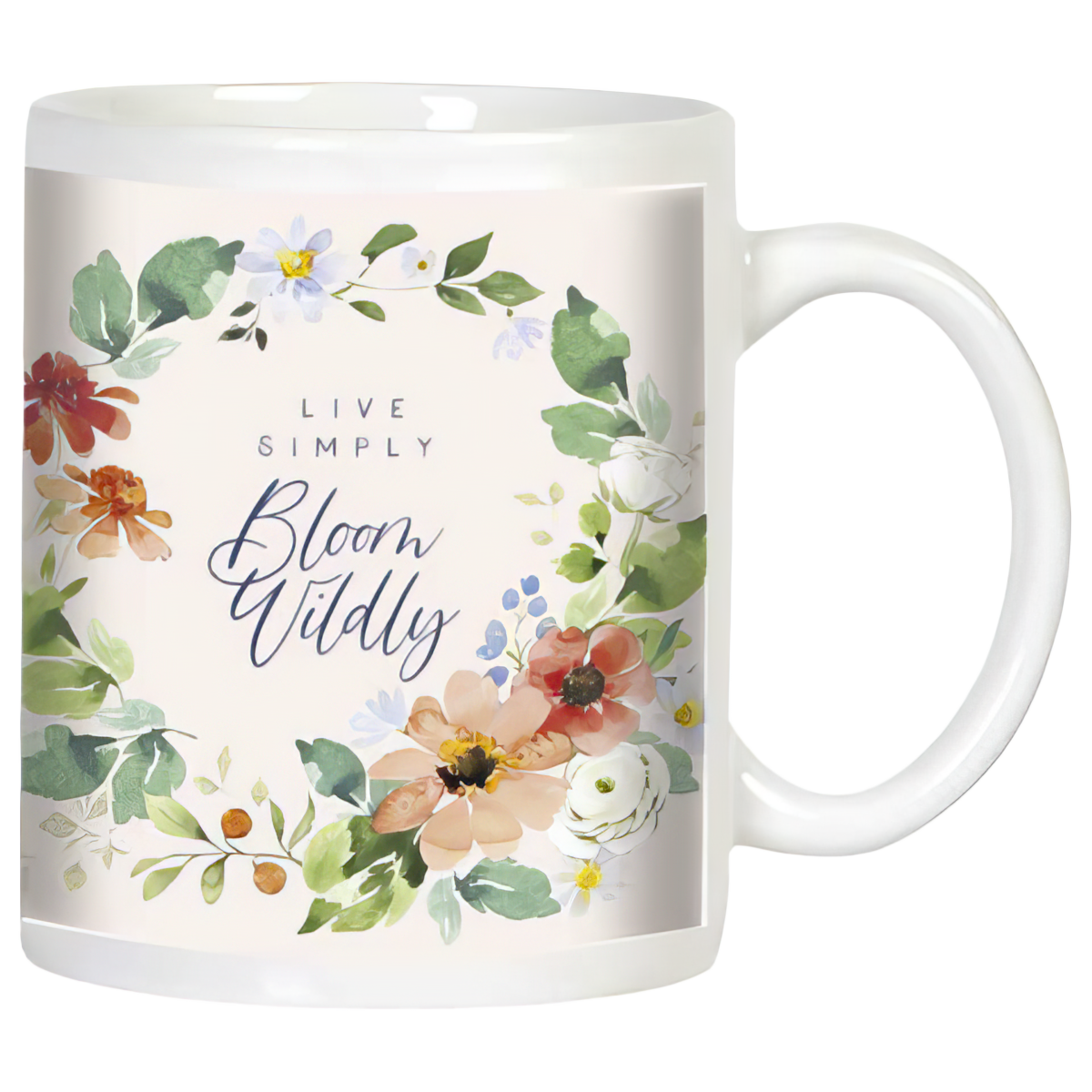 White ceramic mug with 'LIVE SIMPLY Bloom Wildly' text in a delicate watercolor floral wreath design, featuring pastel flowers and green leaves on a light background, perfect for inspirational gifts.