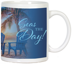 White ceramic coffee mug with 'Seas THE Day!' in elegant light blue script. The mug features a serene beach sunset scene, a palm tree, and two blue Adirondack chairs. Ideal for daily inspiration and beach lovers.