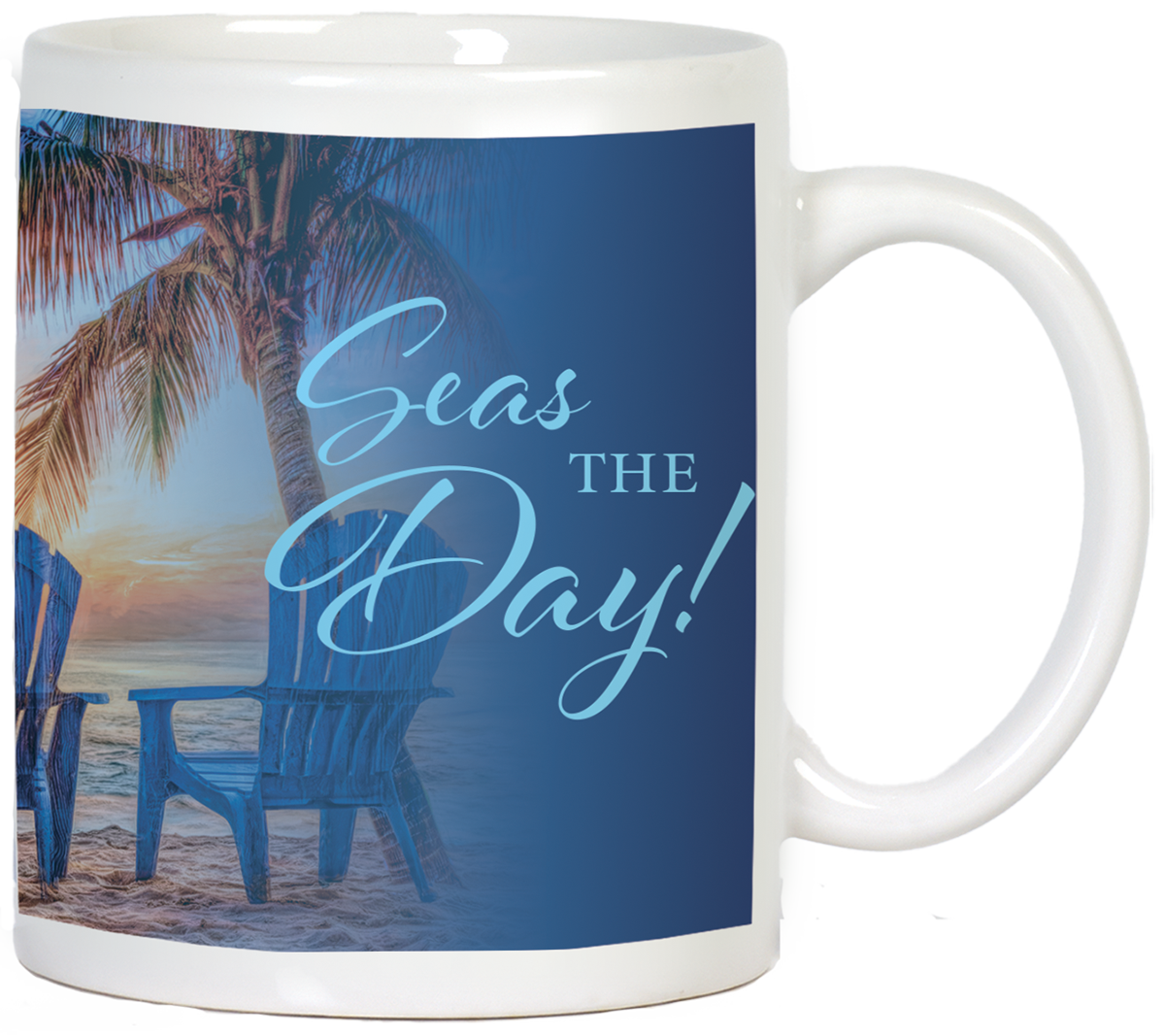 White ceramic coffee mug with 'Seas THE Day!' in elegant light blue script. The mug features a serene beach sunset scene, a palm tree, and two blue Adirondack chairs. Ideal for daily inspiration and beach lovers.