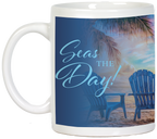 Side view of a white ceramic mug displaying 'Seas THE Day!' text prominently over a blue gradient. A peaceful beach landscape with a palm tree and blue Adirondack chair is visible in the background, promoting a relaxed mood.