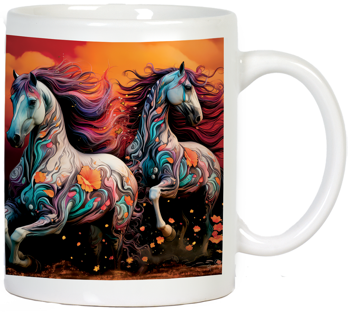 Vibrant art coffee mug featuring two galloping horses with flowing, colorful manes against an orange sunset sky, perfect for horse enthusiasts.