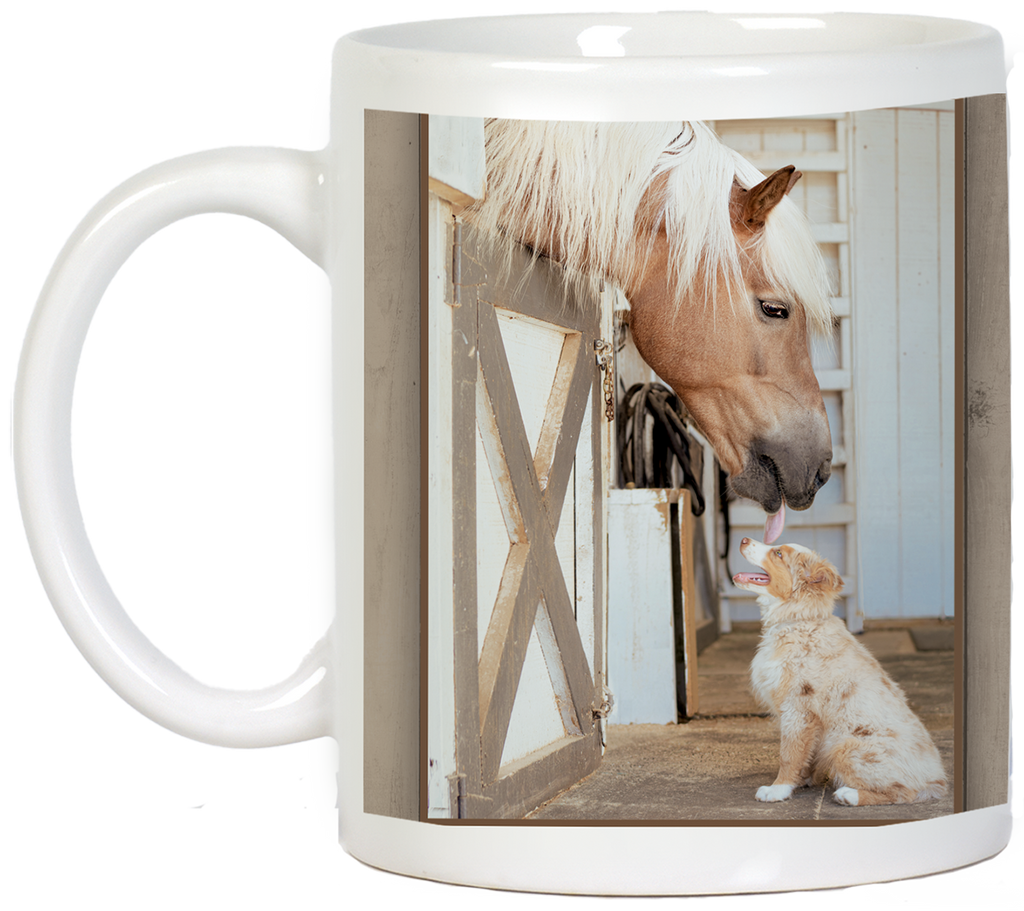 Ergonomic white mug showcasing an adorable scene of a horse playfully interacting with a small dog, emphasizing animal friendship and joy for any recipient.