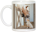 Ergonomic white mug showcasing an adorable scene of a horse playfully interacting with a small dog, emphasizing animal friendship and joy for any recipient.