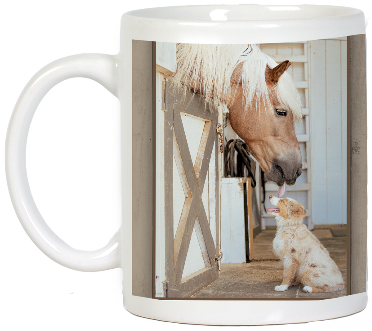 Ergonomic white mug showcasing an adorable scene of a horse playfully interacting with a small dog, emphasizing animal friendship and joy for any recipient.