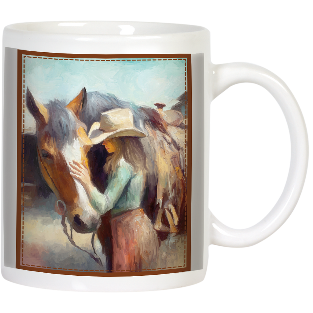 White ceramic mug featuring an artistic oil painting of a woman in a cowboy hat gently petting a horse, perfect for horse lovers. Ideal for coffee, tea, or hot chocolate.