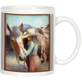 White ceramic mug featuring an artistic oil painting of a woman in a cowboy hat gently petting a horse, perfect for horse lovers. Ideal for coffee, tea, or hot chocolate.
