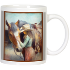 White ceramic mug featuring an artistic oil painting of a woman in a cowboy hat gently petting a horse, perfect for horse lovers. Ideal for coffee, tea, or hot chocolate.