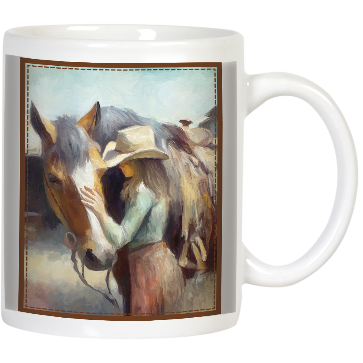 White ceramic mug featuring an artistic oil painting of a woman in a cowboy hat gently petting a horse, perfect for horse lovers. Ideal for coffee, tea, or hot chocolate.