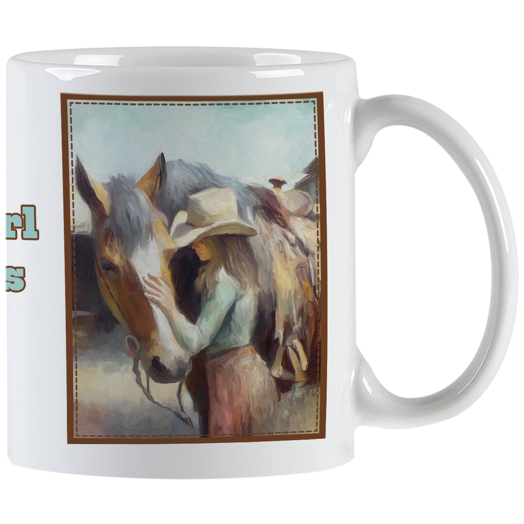 Close-up of a white ceramic mug featuring an artistic painting of a cowgirl in a hat gently touching a horse's head, framed by a rustic border. Ideal for horse lovers.