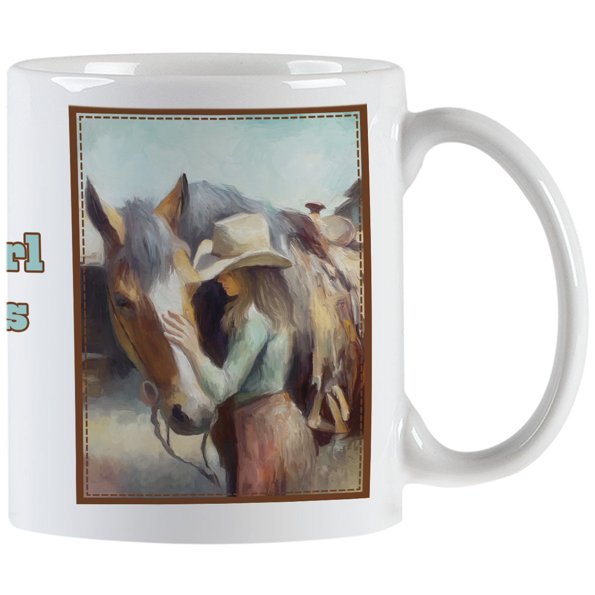 Close-up of a white ceramic mug featuring an artistic painting of a cowgirl in a hat gently touching a horse's head, framed by a rustic border. Ideal for horse lovers.