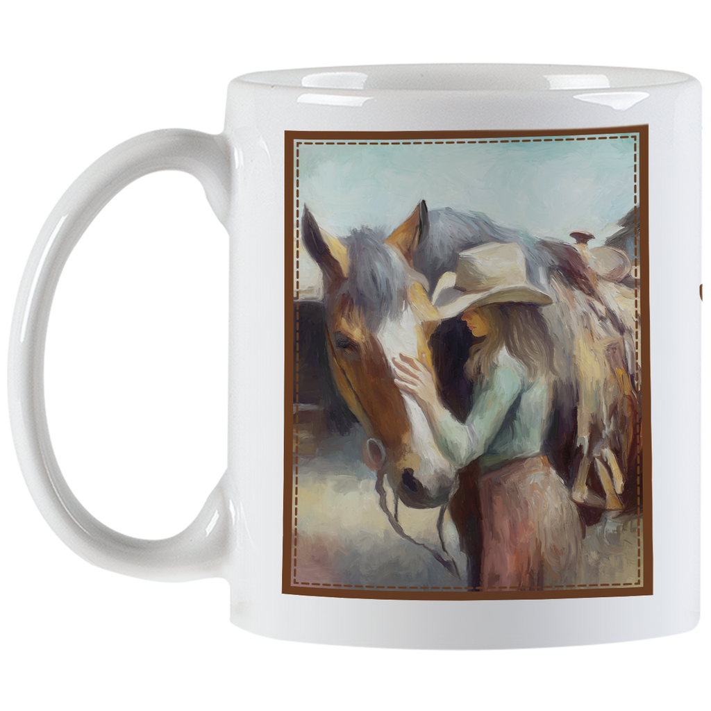 Full view of a white ceramic coffee mug with a handle, showcasing a framed watercolor-style illustration of a cowgirl affectionately petting her horse, perfect for equestrian enthusiasts.