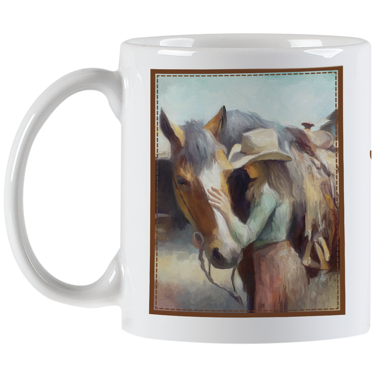 Full view of a white ceramic coffee mug with a handle, showcasing a framed watercolor-style illustration of a cowgirl affectionately petting her horse, perfect for equestrian enthusiasts.