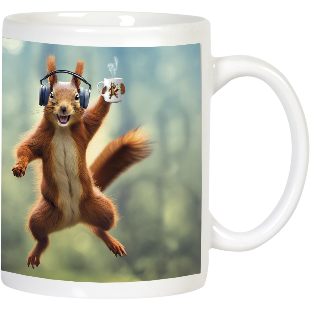 Happy squirrel wearing headphones and holding a steaming coffee mug, mid-jump, against a blurred nature background. Ideal for coffee lovers and animal enthusiasts.