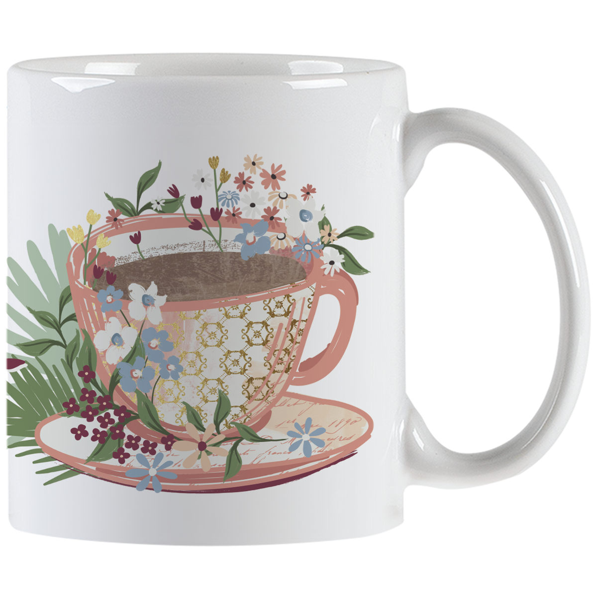 White ceramic mug featuring an elegant floral teacup design overflowing with colorful blossoms, perfect for morning coffee or tea.