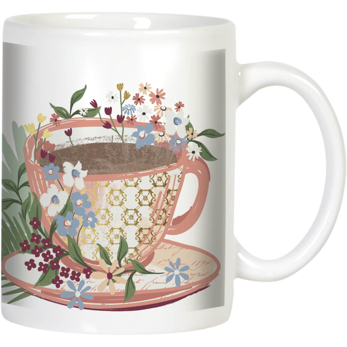 Front view of a white ceramic coffee mug featuring a vibrant floral design wrapping around a pink and gold patterned teacup graphic filled with a dark beverage, suitable for tea or coffee lovers.