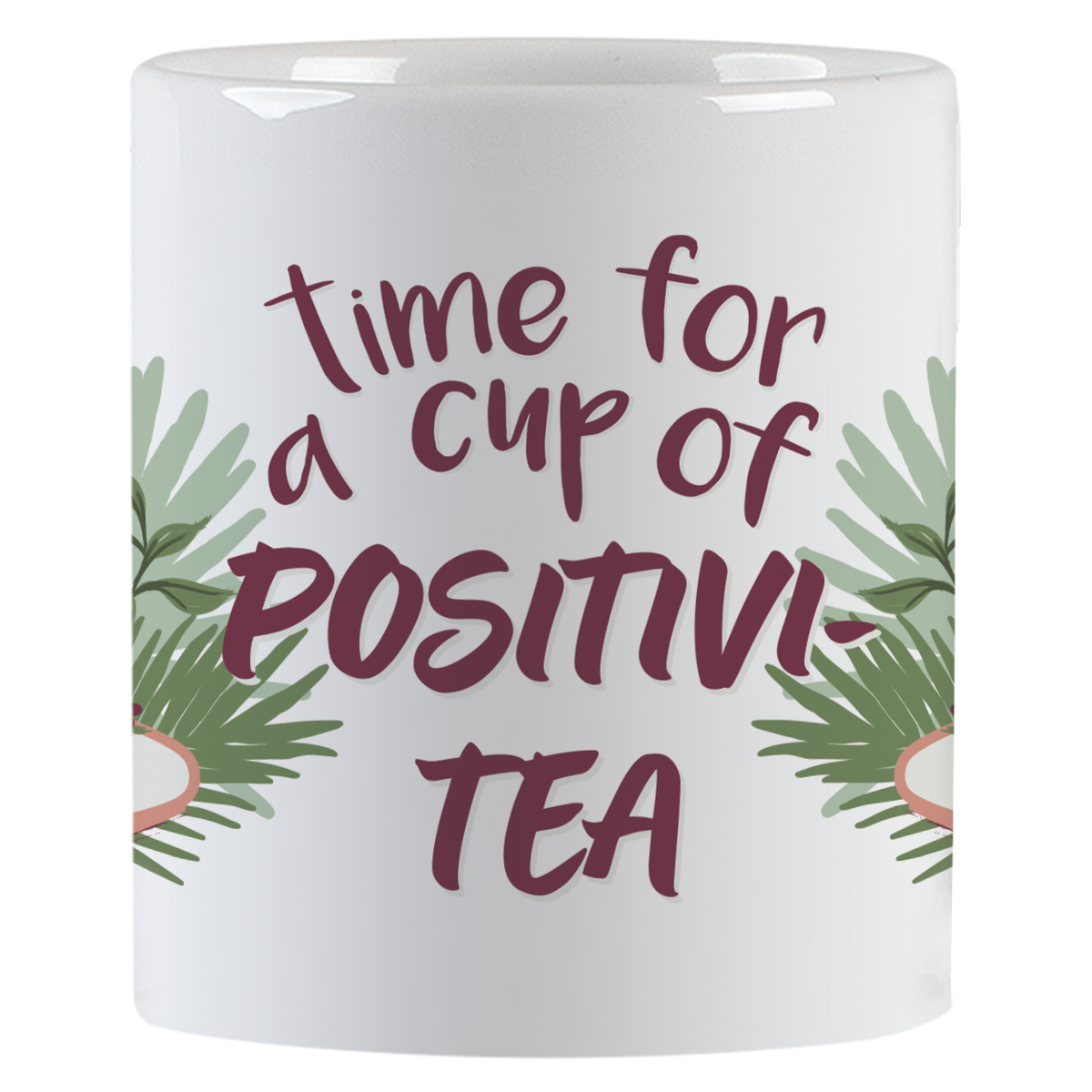 Side view of a ceramic mug with green leaf accents and the inspiring text 'time for a cup of POSITIVI-TEA' in purple script.