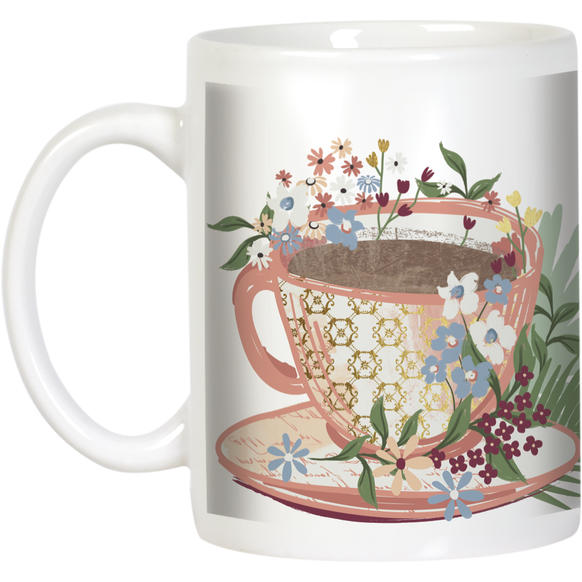 Angled side view of an aesthetic white mug showcasing a beautiful floral illustration and a delicate pink teacup graphic, ideal for a morning coffee or an afternoon tea ritual.
