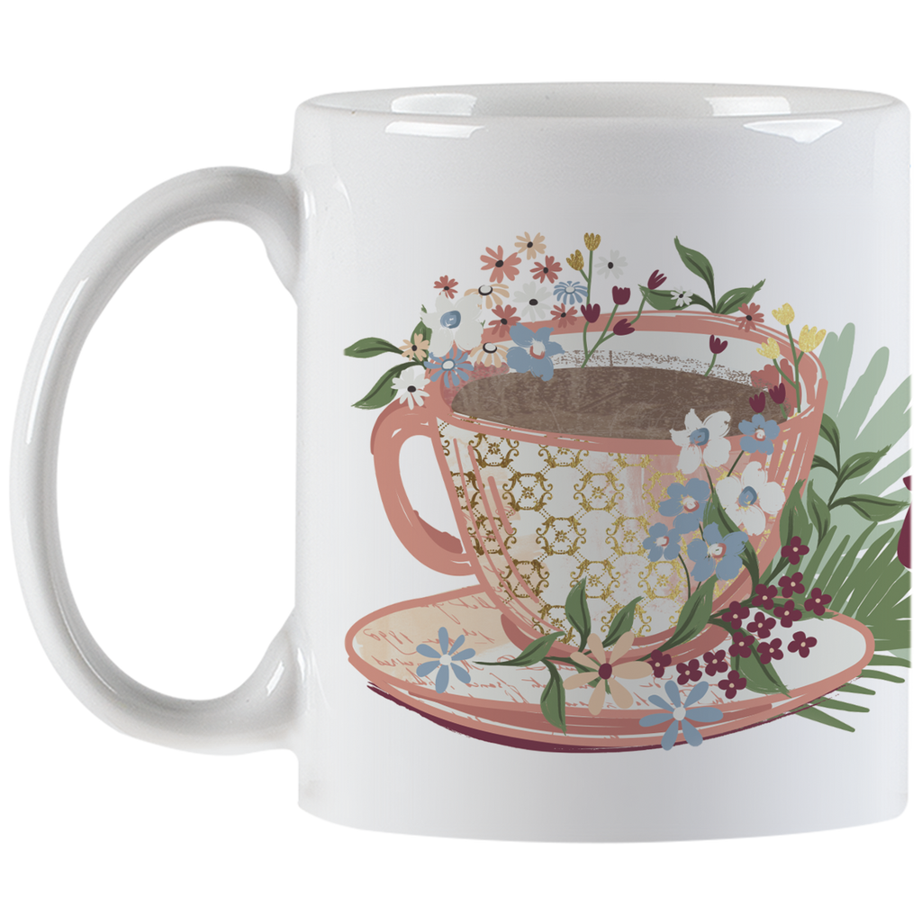 Decorative ceramic mug with a vibrant floral teacup illustration and comfortable handle, ideal for hot beverages and positive vibes.