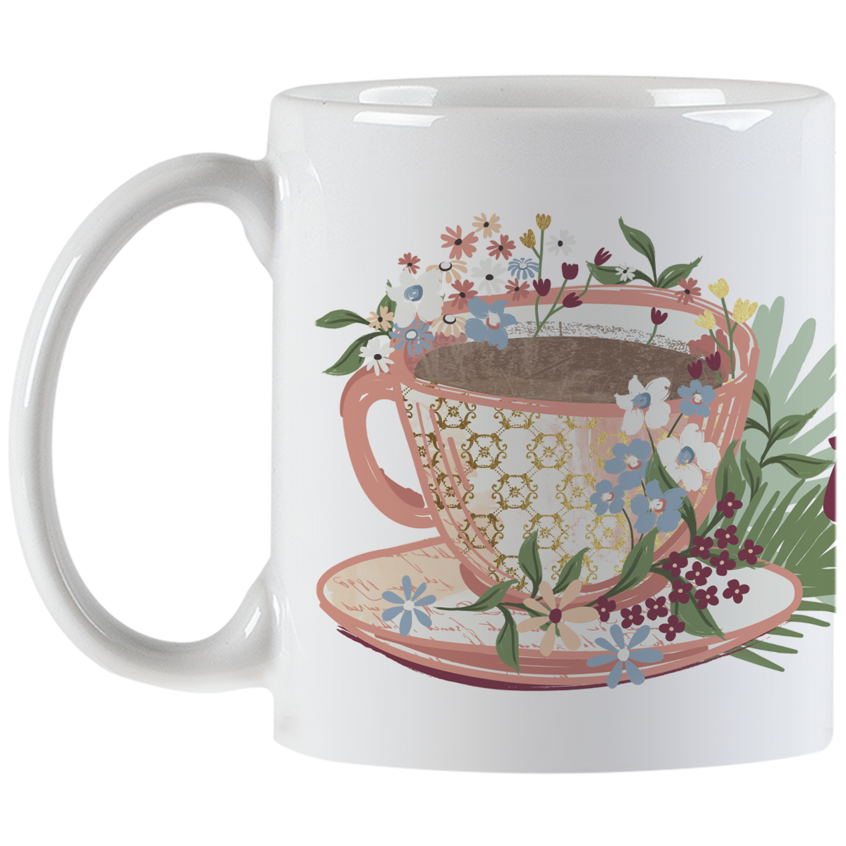 Decorative ceramic mug with a vibrant floral teacup illustration and comfortable handle, ideal for hot beverages and positive vibes.