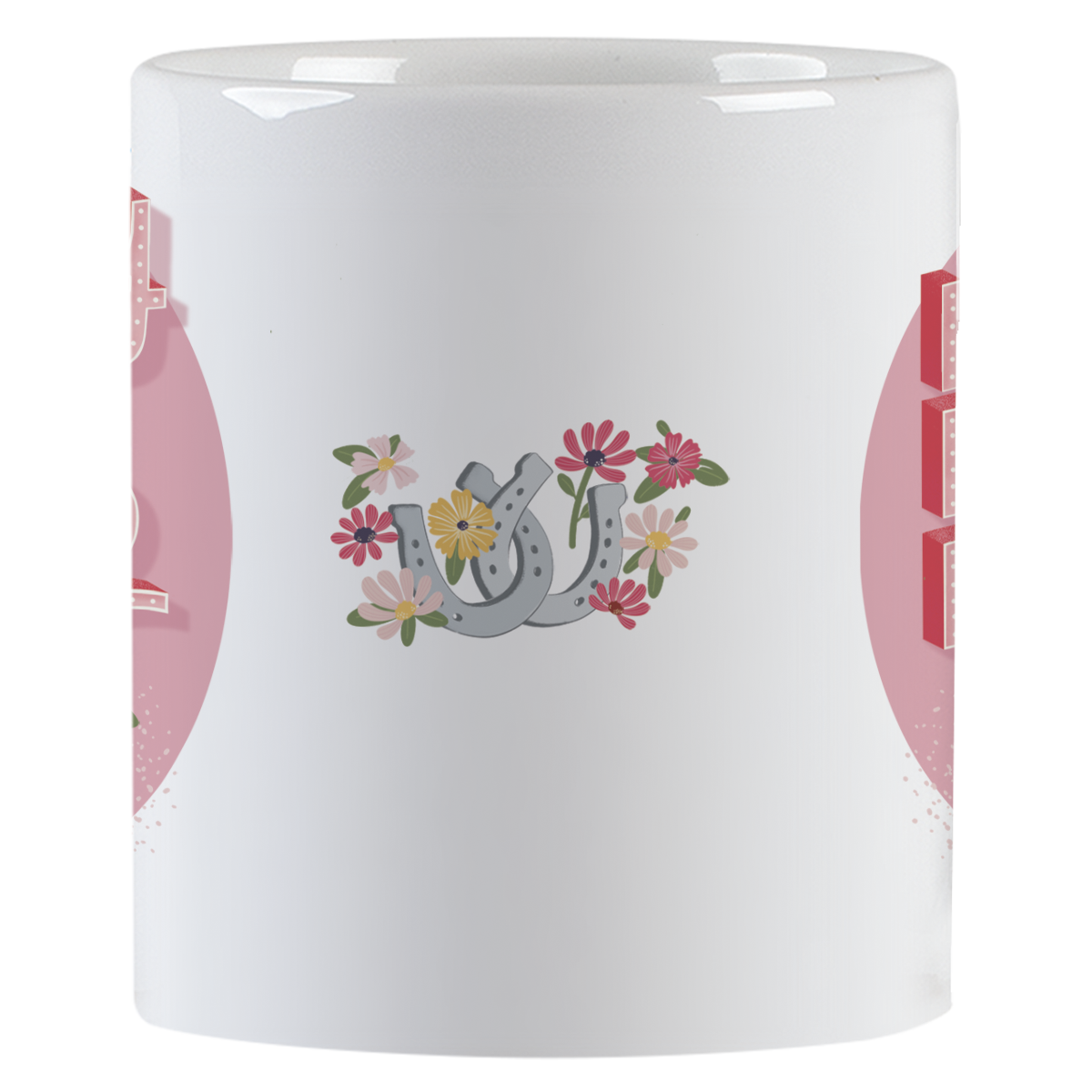 Side view of a white ceramic mug, showcasing a vibrant design of grey horseshoes surrounded by an array of pink, yellow, and white flowers, set against a subtle pink background.