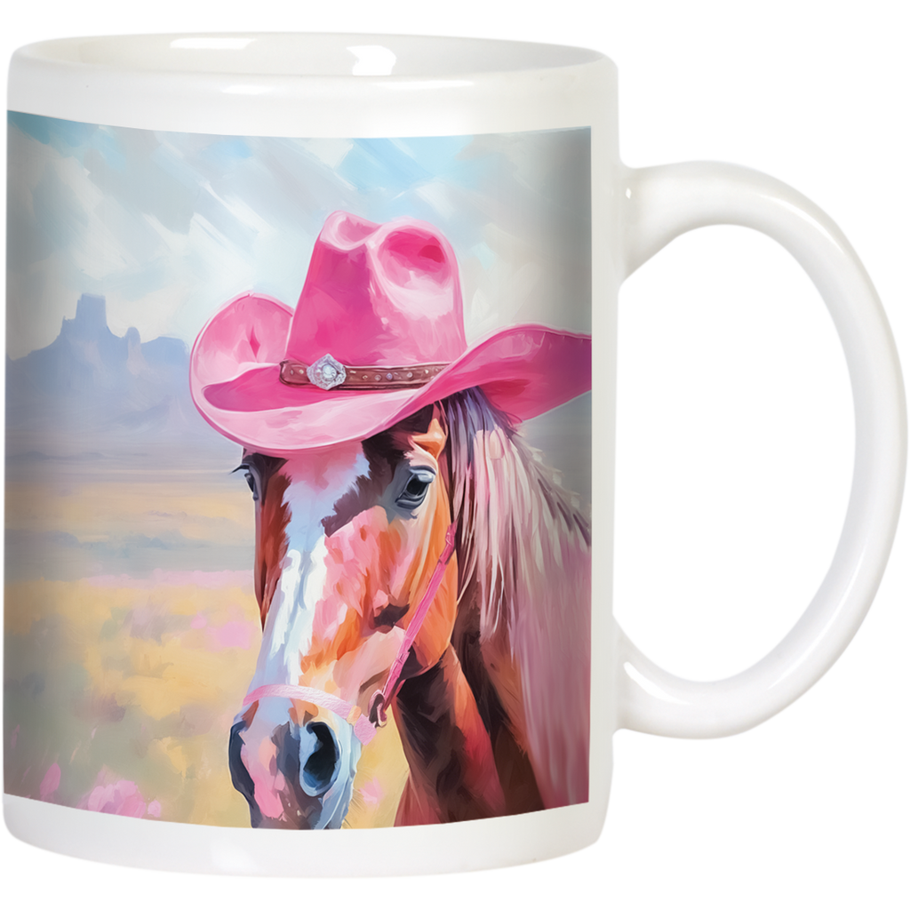 Front view of a white ceramic mug featuring a brown horse wearing a vibrant pink cowboy hat, set against a watercolor-style desert landscape with mountains.