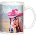 Front view of a white ceramic mug featuring a brown horse wearing a vibrant pink cowboy hat, set against a watercolor-style desert landscape with mountains.