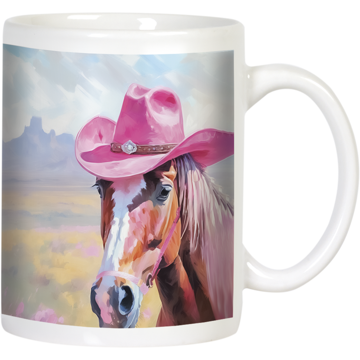 Front view of a white ceramic mug featuring a brown horse wearing a vibrant pink cowboy hat, set against a watercolor-style desert landscape with mountains.