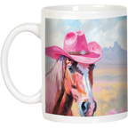 Angled view of a white ceramic mug showcasing a charming brown horse in a pink cowboy hat, with a desert and mountain background, highlighting the mug's white handle and full design.