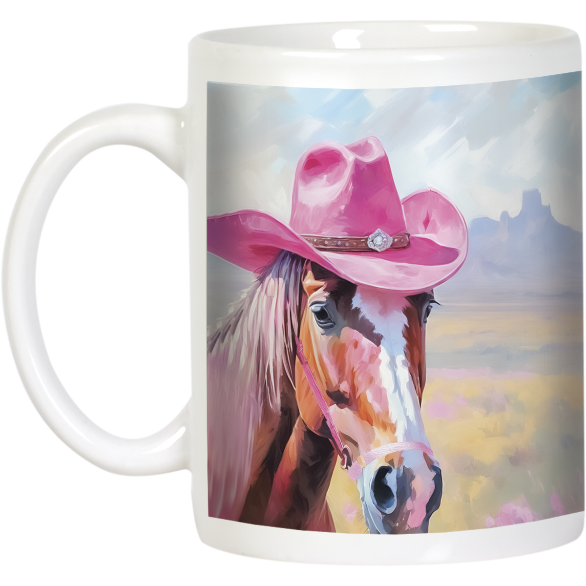 Angled view of a white ceramic mug showcasing a charming brown horse in a pink cowboy hat, with a desert and mountain background, highlighting the mug's white handle and full design.