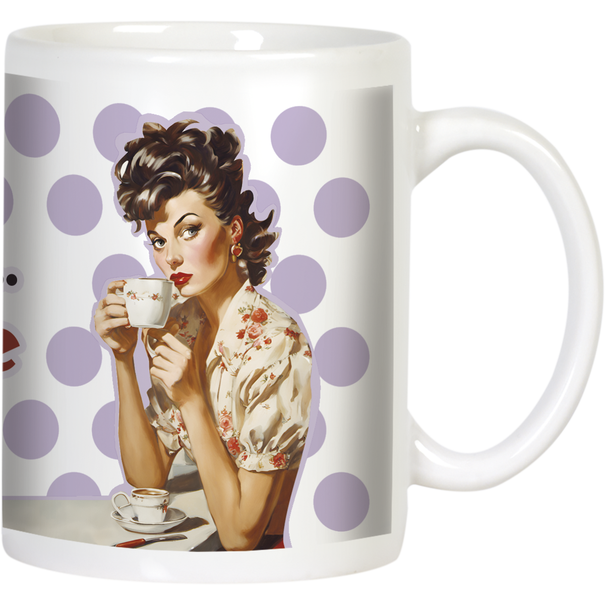 Front view of white ceramic coffee mug featuring a retro pin-up woman with dark, curly hair, red lips, and a floral blouse, elegantly sipping from a small teacup against a purple polka-dot background. Ideal for women who love vintage style and coffee.