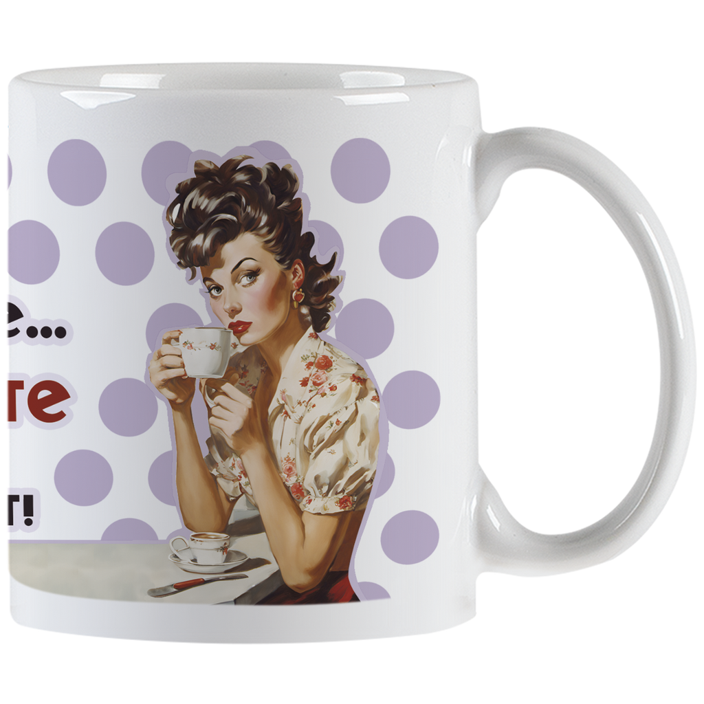White ceramic mug featuring a retro pin-up woman with curly dark hair and red lipstick, elegantly sipping coffee from a small cup. The background has light purple polka dots.