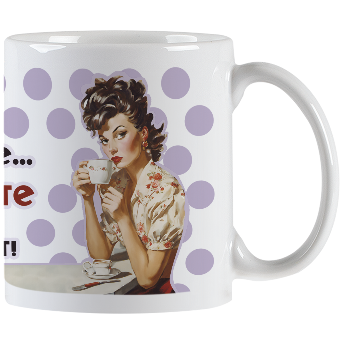 White ceramic mug featuring a retro pin-up woman with curly dark hair and red lipstick, elegantly sipping coffee from a small cup. The background has light purple polka dots.