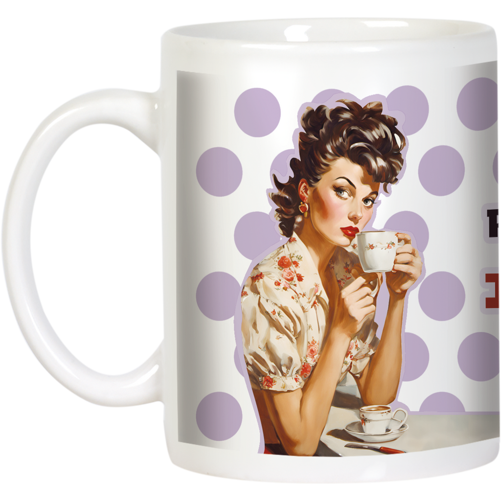Angled view of a white ceramic coffee mug showcasing a retro pin-up woman design on one side and a partial view of the sassy 'I CAFFEINATE' quote on the other. Highlights the ergonomic handle and vibrant, fade-resistant print.
